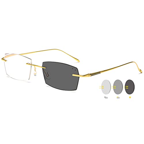 VEVESMUNDO Selbsttönende Lesebrillen Blaulichtfilter Metall Randlos Photochrome Herren Damen Sonnenlesebrille mit Sonnenschutz (1 Stück Gold Photochrome Brille, 0) von VEVESMUNDO