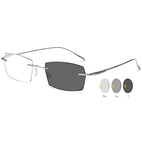 VEVESMUNDO Selbsttönende Lesebrillen Blaulichtfilter Metall Randlos Photochrome Herren Damen Sonnenlesebrille mit Sonnenschutz (1 Stück Silber Photochrome Lesebrille, 1.0) von VEVESMUNDO