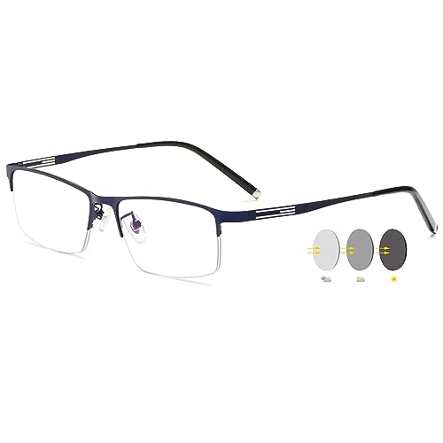 VEVESMUNDO Selbsttönende Lesebrillen Blaulichtfilter Sonnenlesebrille Metall Halbrand Photochrome Lesehilfe Brillen mit Sonnenschutz für Herren (1 Stück Blau Photochrome Lesebrille, 2.5) von VEVESMUNDO