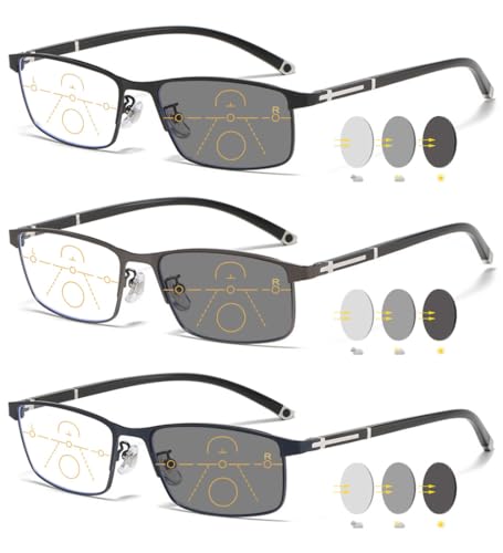 VEVESMUNDO Selbsttönende Lesebrillen Multifokale Gleitsichtbrille Blaulichtfilter Metall Progressive Gleitsicht Brille für Herren Damen (3 Stück Lesebrillen, 2.0) von VEVESMUNDO