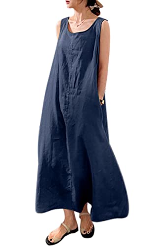 VEVESMUNDO Sommerkleid Damen Baumwolle Ärmelloses Casual Lockere Lässige Lang Kleider Strandkleid Leinenkleid Blusenkleid Freizeitkleid mit Taschen (Dunkelblau,4XL) von VEVESMUNDO