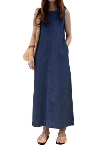 VEVESMUNDO Sommerkleid Damen Baumwolle Ärmelloses Casual Lockere Lässige Lang Kleider Strandkleid Leinenkleid Blusenkleid Freizeitkleid mit Taschen (Dunkelblau,M) von VEVESMUNDO