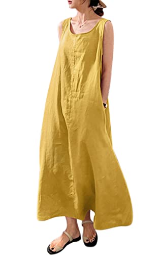 VEVESMUNDO Sommerkleid Damen Baumwolle Ärmelloses Casual Lockere Lässige Lang Kleider Strandkleid Leinenkleid Blusenkleid Freizeitkleid mit Taschen Gr 34 36 38 40 42 44 46 48 50 52(Gelb,L) von VEVESMUNDO