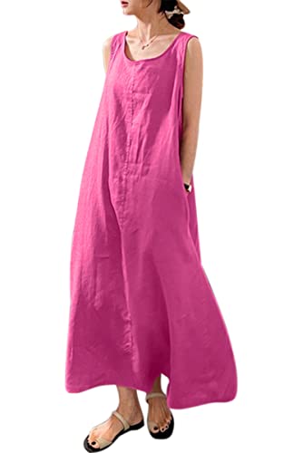 VEVESMUNDO Sommerkleid Damen Baumwolle Ärmelloses Casual Lockere Lässige Lang Kleider Strandkleid Leinenkleid Blusenkleid Freizeitkleid mit Taschen Gr 34 36 38 40 42 44 46 48 50 52(Rosa,4XL) von VEVESMUNDO