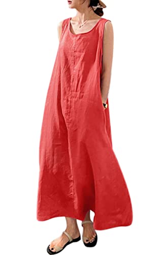 VEVESMUNDO Sommerkleid Damen Baumwolle Ärmelloses Casual Lockere Lässige Lang Kleider Strandkleid Leinenkleid Blusenkleid Freizeitkleid mit Taschen Gr 34 36 38 40 42 44 46 48 50 52(Rot,3XL) von VEVESMUNDO