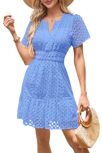 VEVESMUNDO Sommerkleid Damen Kurz A Linie Kleid Kurzarm Sommer Minikleid Freizeitkleid Spitzenkleid Elegant Strandkleid Gr 36 38 40 42 44 (Blau,S,DE 36) von VEVESMUNDO