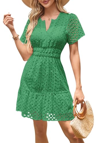 VEVESMUNDO Sommerkleid Damen Kurz A Linie Kleid Kurzarm Sommer Minikleid Freizeitkleid Spitzenkleid Elegant Strandkleid Gr 36 38 40 42 44 (Grün,XL,DE 42) von VEVESMUNDO