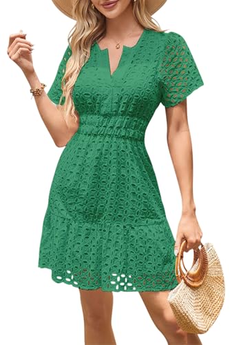 VEVESMUNDO Sommerkleid Damen Kurz A Linie Kleid Kurzarm Sommer Minikleid Freizeitkleid Spitzenkleid Elegant Strandkleid Gr 36 38 40 42 44 (Grün,XL,DE 42) von VEVESMUNDO