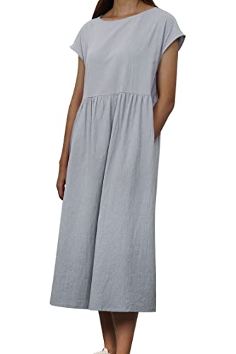 VEVESMUNDO Sommerkleid Damen Leinenkleid Freizeitkleid Strandkleid Baumwolle Kurzarm Knielang Tunika Lockere Kleider mit Taschen (Grau,XL) von VEVESMUNDO