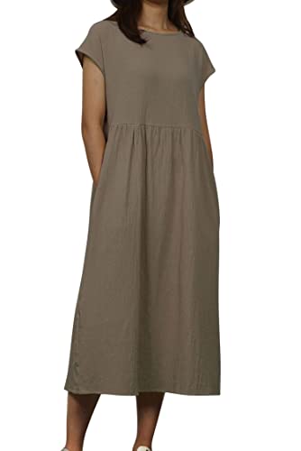 VEVESMUNDO Sommerkleid Damen Leinenkleid Freizeitkleid Strandkleid Baumwolle Kurzarm Knielang Tunika Lockere Kleider mit Taschen (Khaki,5XL) von VEVESMUNDO