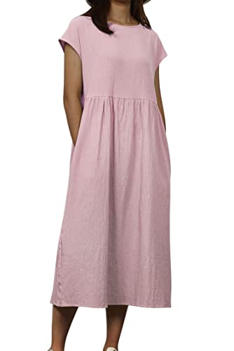 VEVESMUNDO Sommerkleid Damen Leinenkleid Freizeitkleid Strandkleid Baumwolle Kurzarm Knielang Tunika Lockere Kleider mit Taschen (Rosa,S) von VEVESMUNDO