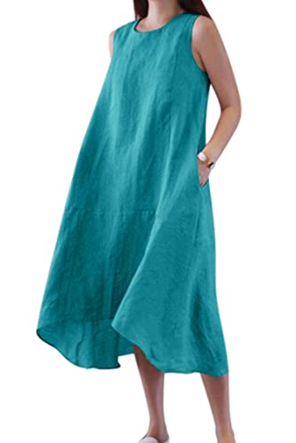 VEVESMUNDO Sommerkleid Leinenkleid Damen Baumwolle Lockere Rundhals Midikleider Strandkleid Blusenkleid Freizeitkleid Ärmelloses Leinen Tank Kleider mit Taschen(Blau,3XL) von VEVESMUNDO