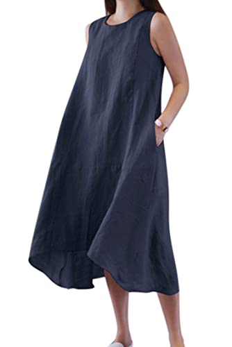 VEVESMUNDO Sommerkleid Leinenkleid Damen Baumwolle Lockere Rundhals Midikleider Strandkleid Blusenkleid Freizeitkleid Ärmelloses Leinen Tank Kleider mit Taschen(Dunkelblau,4XL) von VEVESMUNDO