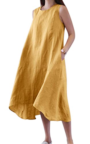 VEVESMUNDO Sommerkleid Leinenkleid Damen Baumwolle Lockere Rundhals Midikleider Strandkleid Blusenkleid Freizeitkleid Ärmelloses Leinen Tank Kleider mit Taschen(Gelb,5XL) von VEVESMUNDO