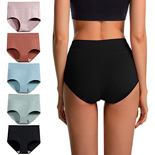 VEVESMUNDO Unterhosen Damen Baumwolle Atmungsaktive Hohe Taille Bauchweg Unterwäsche Slips Pantys Hipster 5er Pack (Mehrfarbig-5er Pack, 3XL) von VEVESMUNDO