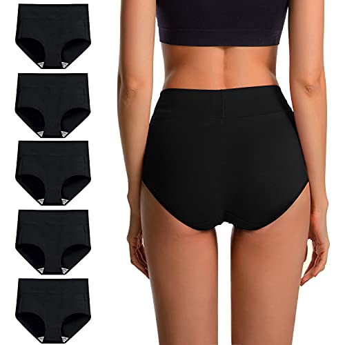 VEVESMUNDO Unterhosen Damen Baumwolle Atmungsaktive Hohe Taille Bauchweg Unterwäsche Slips Pantys Hipster 5er Pack (Schwarz-5er Pack, XL) von VEVESMUNDO