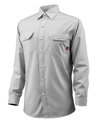 VEVOR FR-Arbeitsjacke für Herren, Flammhemmende Schweißerjacke, maschinenwaschbares hitzebeständiges Schweißerhemd aus Baumwolle, erfüllt ATPV 9,2 cal/cm² Lichtbogenbewertung – Größe XXL, Grau von VEVOR