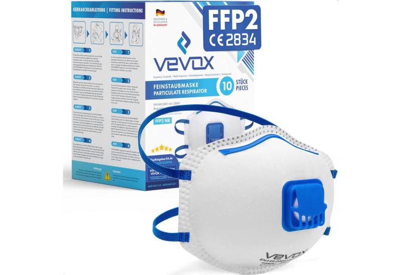 VEVOX Filtrierende Halbmasken FFP2 mit Ventil – 5er, 10er oder 20er Set – Staubmaske – Atemschutzmaske, – Staubschutzmaske – Feinstaubmaske – Atemschutz, 10-St., z.B. gegen Feinstaub, Schleifstaub oder Baustaub von VEVOX