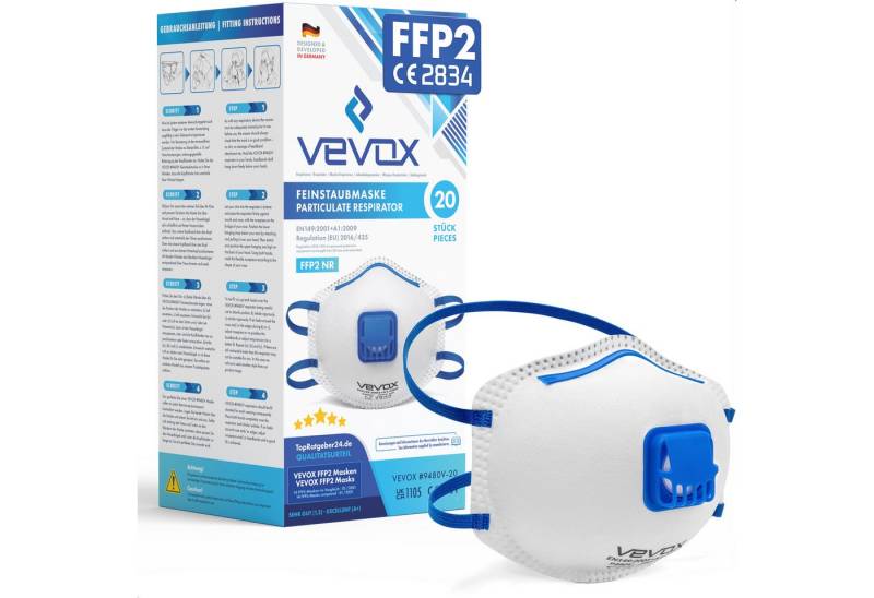VEVOX Filtrierende Halbmasken FFP2 mit Ventil – 5er, 10er oder 20er Set – Staubmaske – Atemschutzmaske, – Staubschutzmaske – Feinstaubmaske – Atemschutz, 20-St., z.B. gegen Feinstaub, Schleifstaub oder Baustaub von VEVOX