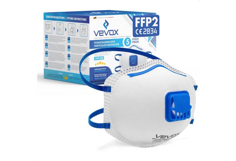 VEVOX Filtrierende Halbmasken FFP2 mit Ventil – 5er, 10er oder 20er Set – Staubmaske – Atemschutzmaske, – Staubschutzmaske – Feinstaubmaske – Atemschutz, 5-St., z.B. gegen Feinstaub, Schleifstaub oder Baustaub von VEVOX