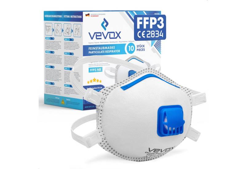 VEVOX Filtrierende Halbmasken FFP3 mit Ventil – 5er, 10er oder 20er Set – Staubmaske – Atemschutzmaske, Staubschutzmaske – Feinstaubmaske – Atemschutz, 10-St., z.B. gegen Feinstaub, Schimmel oder Asbest von VEVOX