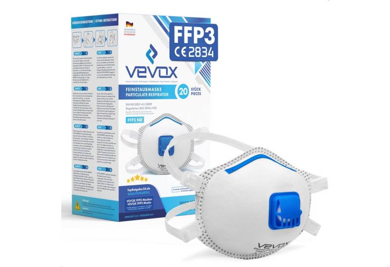 VEVOX Filtrierende Halbmasken FFP3 mit Ventil – 5er, 10er oder 20er Set – Staubmaske – Atemschutzmaske, Staubschutzmaske – Feinstaubmaske – Atemschutz, 20-St., z.B. gegen Feinstaub, Schimmel oder Asbest von VEVOX