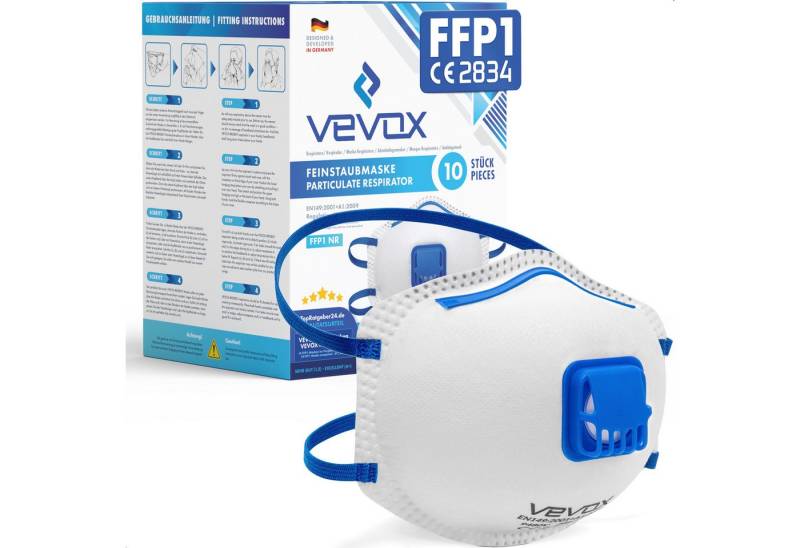 VEVOX Mund-Nasen-Masken - FFP1 Maske mit Ventil – 5er, 10er oder 20er Set – Staubmaske –, Atemschutzmaske – Staubschutzmaske – Feinstaubmaske – Atemschutz, 10-St., z.B. gegen Feinstaub, Schleifstaub oder Baustaub von VEVOX