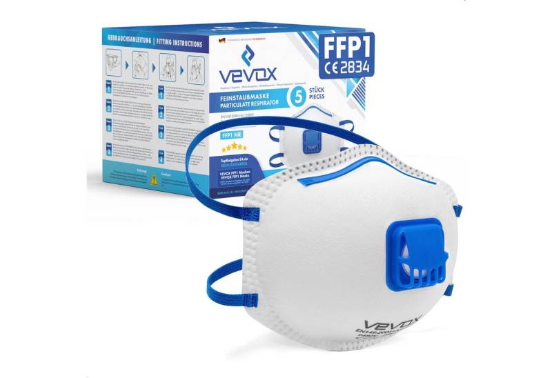 VEVOX Mund-Nasen-Masken - FFP1 Maske mit Ventil – 5er, 10er oder 20er Set – Staubmaske –, Atemschutzmaske – Staubschutzmaske – Feinstaubmaske – Atemschutz, 5-St., z.B. gegen Feinstaub, Schleifstaub oder Baustaub von VEVOX