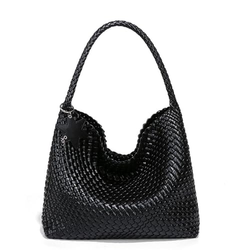 Niche Fashion Handgewebte PU-Einkaufstasche mit großer Kapazität, lässige, faule Umhängetasche, Schwarz, 34 * 13 * 32 cm von VEWSSDC