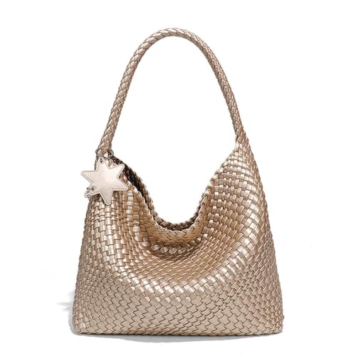 Niche Fashion Handgewebte PU-Tragetasche, große Kapazität, lässige Lazy-Umhängetasche, Champagnergold, 34 x 13 x 32 cm von VEWSSDC