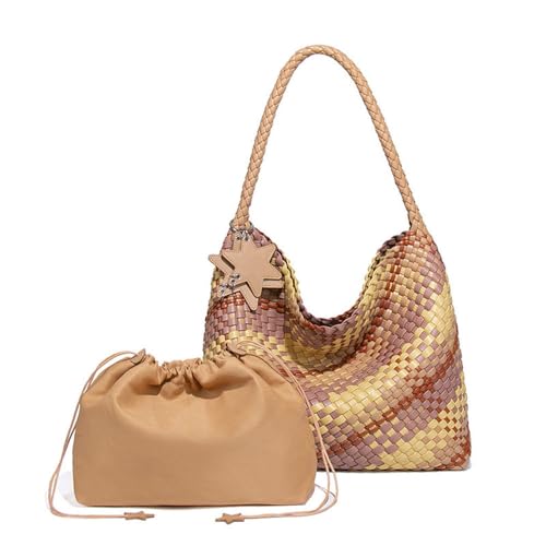 Niche Fashion Handgewebte PU-Tragetasche mit großer Kapazität, lässige, faule Umhängetasche, Splicing Yellow, 34 * 13 * 32 cm von VEWSSDC