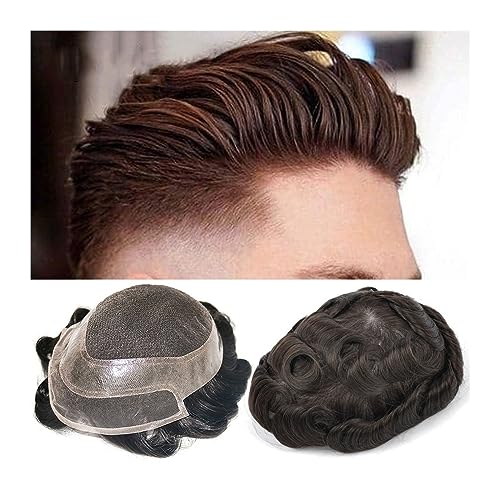 Kahlheitsabdeckung für Männer Perücke Herren Toupet Prothese Echthaar Französisch Spitze Front und Top mit PU Dünner Hautumfang Männer Toupet Dunkelbraun Natürliches indisches Haar Ersatzsystem von VEXDOSLE
