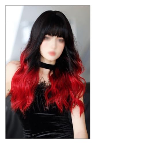 Perücke Damen Lang Ombre Rot Perücke Gewellte Locke Perücke Damen Volle Pony Synthetische Perücke 24 Zoll Geeignet für tägliche Party und Cosplay Cosplay Tägliche Perücken von VEXDOSLE