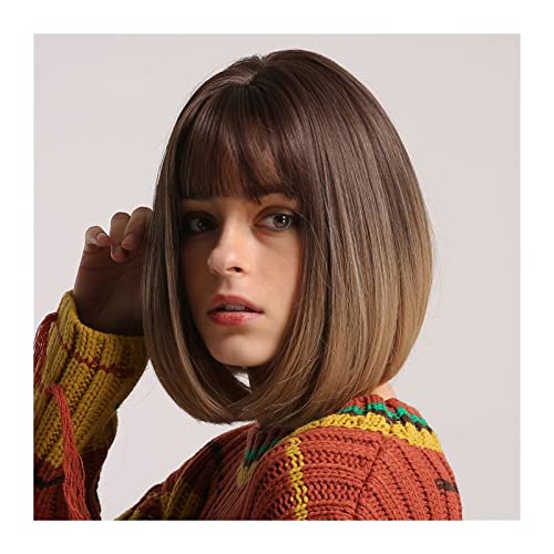 Perücke Gerade Bob Perücken mit Pony Braun Ombre zu Hellbraun Synthetische Perücke für Frauen natürliche hitzebeständige Faserperücken für festliche Tag tragen Tägliche Perücken von VEXDOSLE