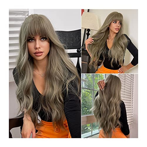 Perücke Olivgraue Perücke für Frauen, lange Wasser gewellte Perücken mit Pony, natürliche hitzebeständige synthetische Faser Haar Perücken für Mode Frauen Mädchen Party Cosplay Tägliche Perücken von VEXDOSLE