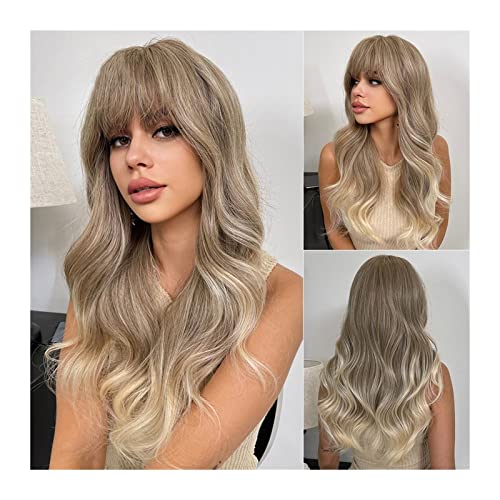 Perücke Synthetische Haar Perücken Lange Welle Perücke mit Pony Flauschige Perücken für Frauen Natürliche Hochtemperatur Faser Perücken für tägliche Party Cosplay Tägliche Perücken(A) von VEXDOSLE
