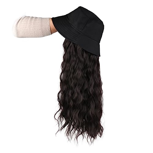 Perückenkappe, schwarzes Haar, Baseballkappe mit Haaren, synthetische Hüte mit Haaren, schwarze Kappe mit langem gewelltem Haar, für Damen, Perückenhut (A) von VEXDOSLE