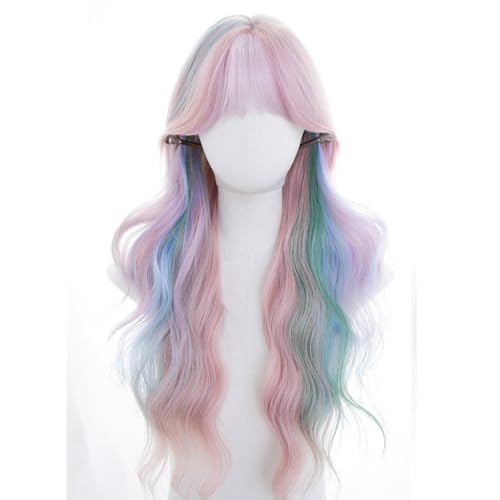 Spitze Perücke Multi-color gemischte farbe perücken lange lockige haar mit ponys volle kopfbedeckung kreative highlights design perücke perücken frauen von VEXDOSLE