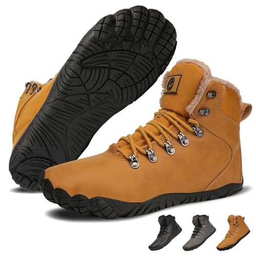 VEXITO Barfuss Schuhe Damen Winter Leder Barfußschuhe Herren Wasserdicht Wasserfest Winterstiefel Warm Gefüttert Stiefel Stiefeletten Winterboots Breit Kurzschaft Braun Gr.44 von VEXITO