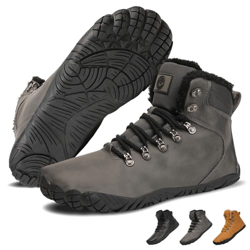 VEXITO Barfuss Schuhe Damen Winter Leder Barfußschuhe Herren Wasserdicht Wasserfest Winterstiefel Warm Gefüttert Stiefel Stiefeletten Winterboots Breit Kurzschaft Grau Gr.40 von VEXITO
