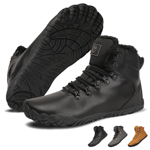 VEXITO Barfuss Schuhe Damen Winter Leder Barfußschuhe Herren Wasserdicht Wasserfest Winterstiefel Warm Gefüttert Stiefel Stiefeletten Winterboots Breit Kurzschaft Schwarz Gr.40 von VEXITO
