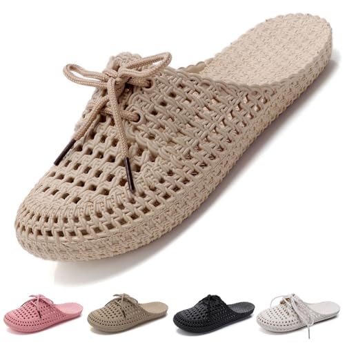 VEXITO Clogs Damen Gartenschuhe Frauen Pantoletten Sandalen Hausschuhe Schleife Geschlossen Verstellbar Sommer Schuhe Wolken Slides Cozies Slipper Beige. Gr.36 37 /230mm von VEXITO