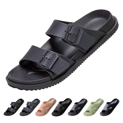 VEXITO Pantoletten Damen Mit Fußbett Riemen Verstellbar Sandalen Herren Sommer Hausschuhe Schlappen Schnallen Buckle Breit Badeschuhe Weich Fest Sohle Schuhe Grau Gr. 37-38 von VEXITO