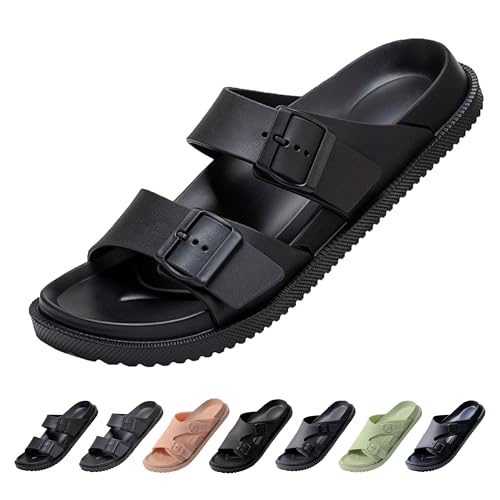 VEXTIO Pantoletten Damen Mit Schnallen Riemen weich Fußbett Verstellbar Sandalen Herren Sommer Hausschuhe Schlappen Buckle Breit Badeschuhe Weich Fest Sohle Schuhe Schwarz Gr. 37-38 von VEXITO