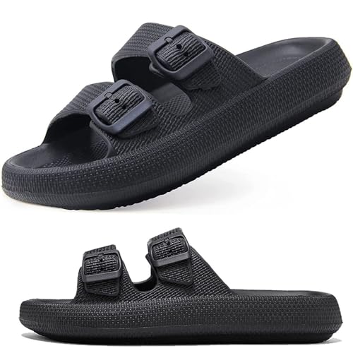 VEXITO Wolkenschuhe Damen Mit Schnallen Riemen weich Fußbett Verstellbar Sandalen Herren Sommer Hausschuhe Schlappen Buckle Badeschuhe Pantoletten Schuhe Schwarz Gr. 40-41 von VEXITO