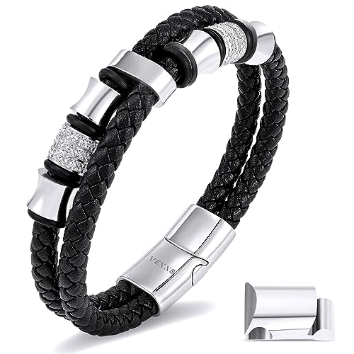 VEXXS Herren Armband,Lederarmband Herren Braun Schwarz armbänder für Herren,Schmuck Geschenk für Männer (Zirkonia-Silber, 19.00) von VEXXS