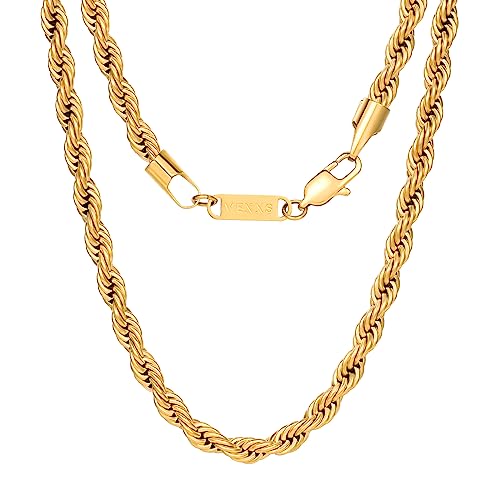 VEXXS Goldkette Kordelkette, 18 Karat Vergoldet 3/5mm Edelstahl Halskette für Herren Damen Männer Jungen, Schmuck Geschenk, 46-66cm von VEXXS
