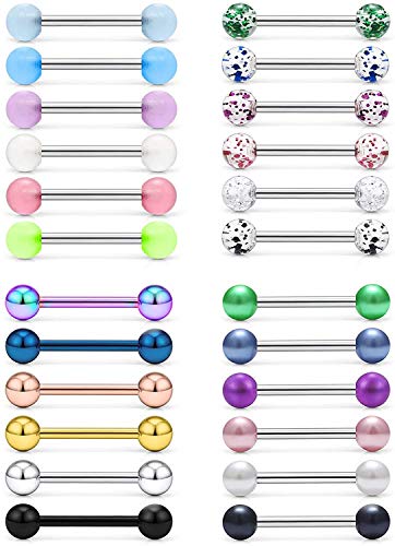 VF VFUN 14G Nipple Rings Tongue Rings Stainless Steel Straight Barbells Glow in The Dark Pearls Piercing Jewelry for Women Men Bar Length 12MM 24PCS von VF VFUN