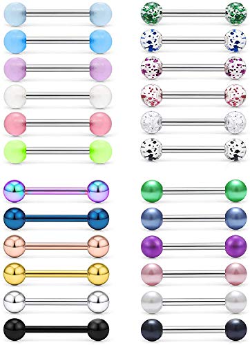 VF VFUN 14G Nipple Rings Tongue Rings Stainless Steel Straight Barbells Glow in The Dark Pearls Piercing Jewelry for Women Men Bar Length 16MM 24PCS von VF VFUN