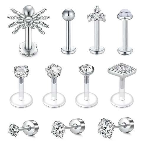 VF VFUN 11Pcs 16G Tragus Piercing Schmuck 6mm Edelstahl Diamant CZ Labret Monroe Lippepenpiercing Spinnen Helix Ohr Conch Piercing Schmuck für Frauen Männer Silber von VF VFUN